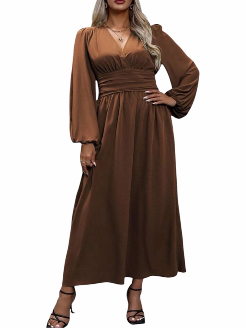 🆕SHEIN V-Neck Ruched Waist Lantern Sleeve Side Split Hem Elegant Dress